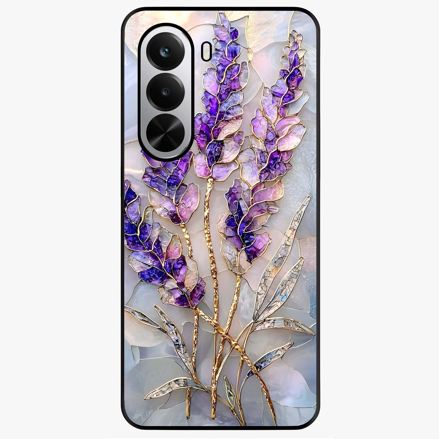 Lavender Dream Glow Glass Case showing flat back view with glowing lavender aesthetic artwork and glossy glass finish.