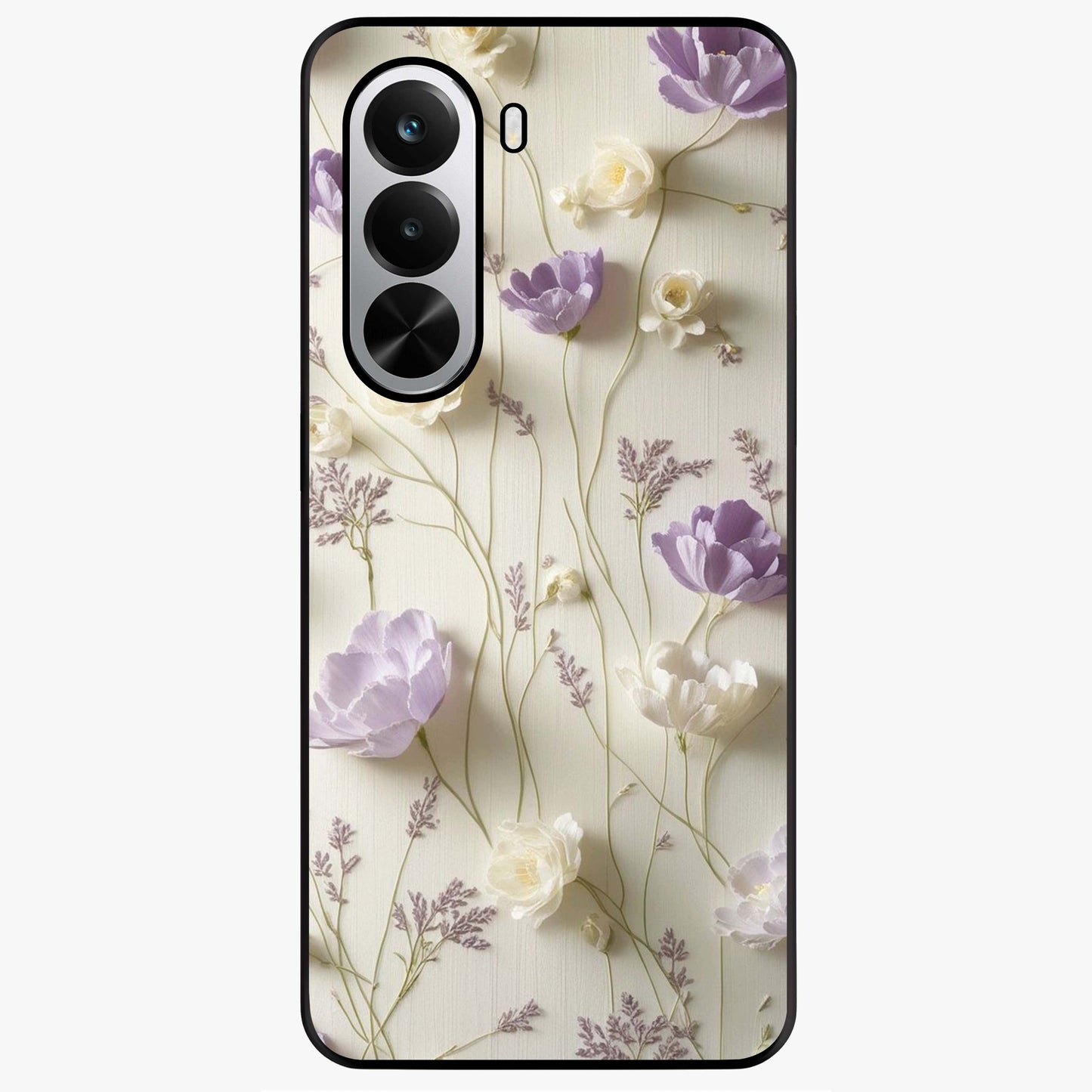 Lilac Breeze Harmony Glass Case showing flat back view with soft lilac themed artwork and glossy glass finish.