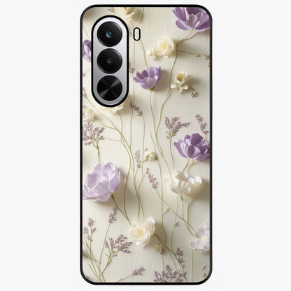 Lilac Breeze Harmony Glass Case showing flat back view with soft lilac themed artwork and glossy glass finish.