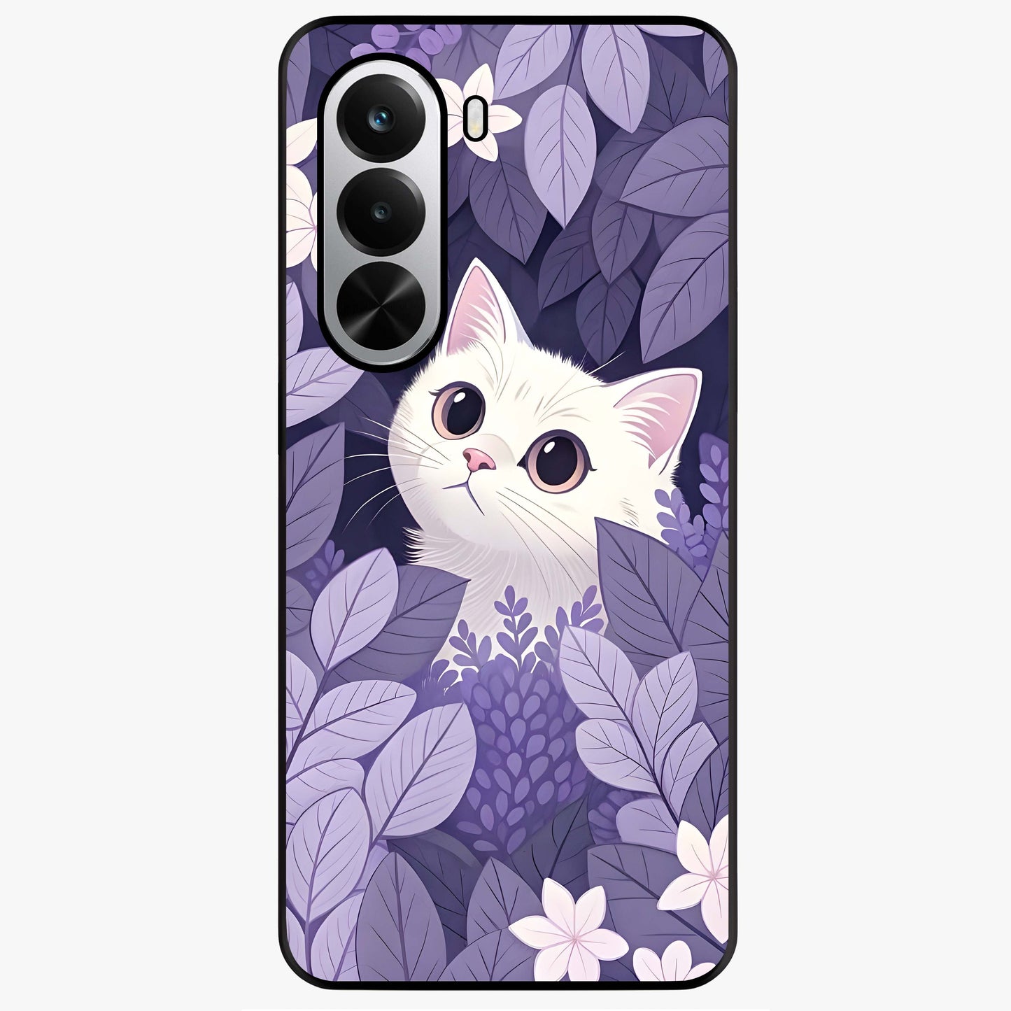 Lilac Hide Peek Cat Glass Case showing flat back view with cute peeking cat artwork and glossy glass finish.
