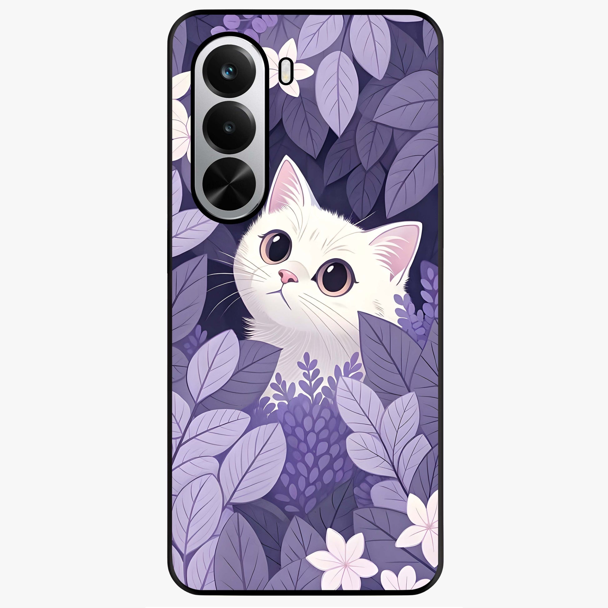 Lilac Hide Peek Cat Glass Case showing flat back view with cute peeking cat artwork and glossy glass finish.