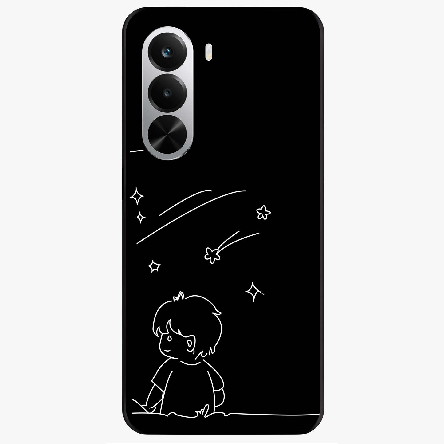 Line Art Boy With Shooting Stars Glass Case showing flat back view with minimal line art boy and shooting stars illustration and glossy glass finish.
