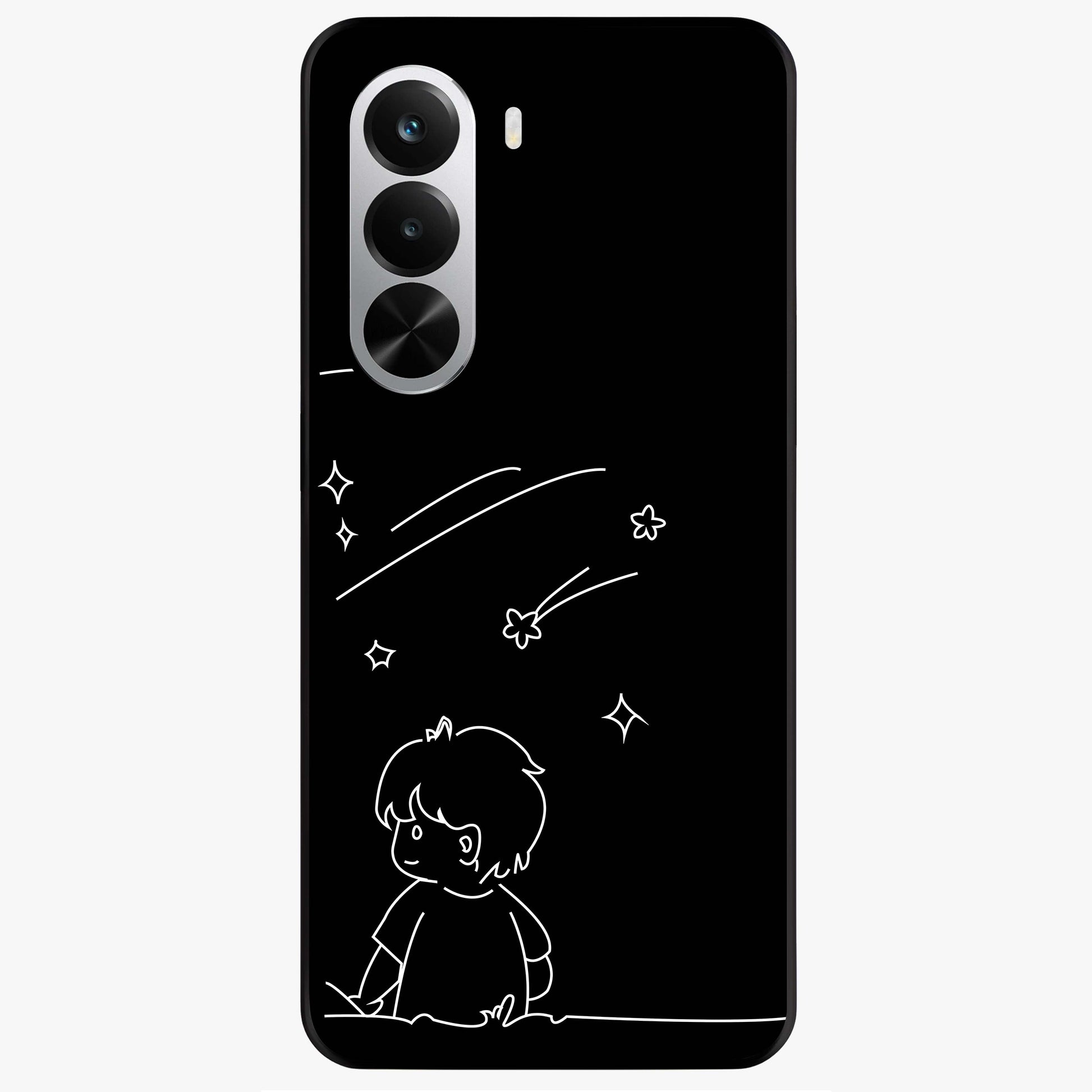 Line Art Boy With Shooting Stars Glass Case showing flat back view with minimal line art boy and shooting stars illustration and glossy glass finish.