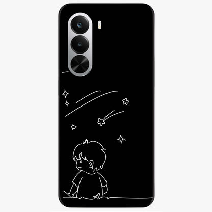 Line Art Boy With Shooting Stars Glass Case showing flat back view with minimal line art boy and shooting stars illustration and glossy glass finish.