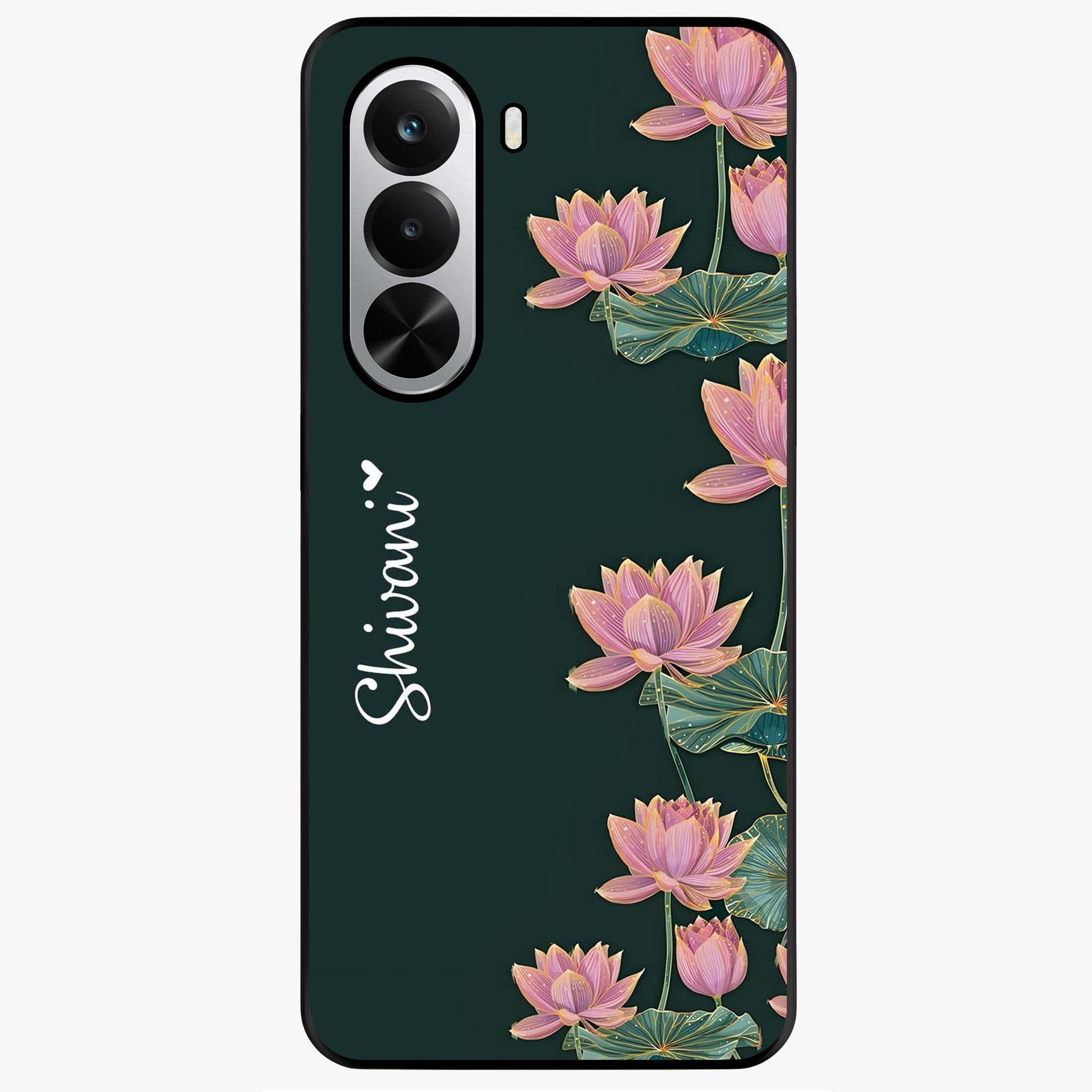 Lotus Bloom Serenity Custom Name Glass Case showing flat back view with elegant lotus flower artwork and personalized name design.