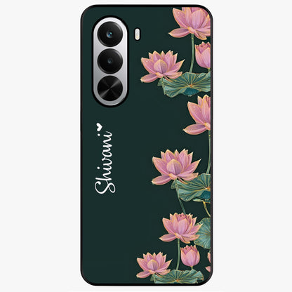 Lotus Bloom Serenity Custom Name Glass Case showing flat back view with elegant lotus flower artwork and personalized name design.