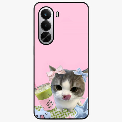 Love Matcha Cat Glass Case showing flat back view with cute cat and matcha themed artwork and glossy glass finish.