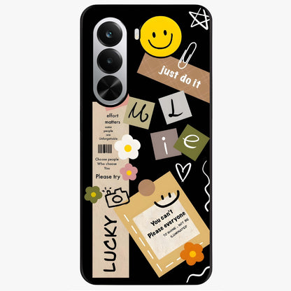 Lucky Aesthetic Collage Glass Case showing flat back view with trendy aesthetic collage artwork and glossy glass finish.