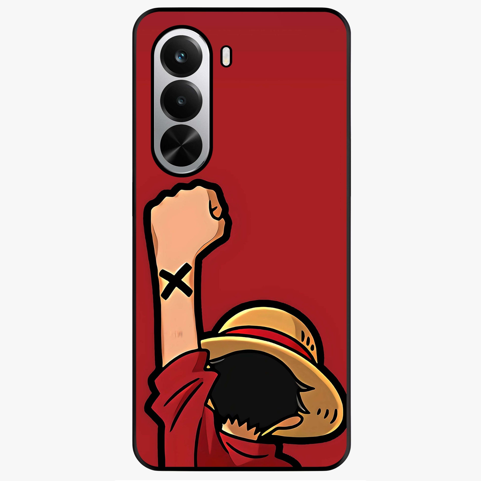 Luffy X Spirit Glass Case showing flat back view with bold anime character artwork and glossy glass finish.