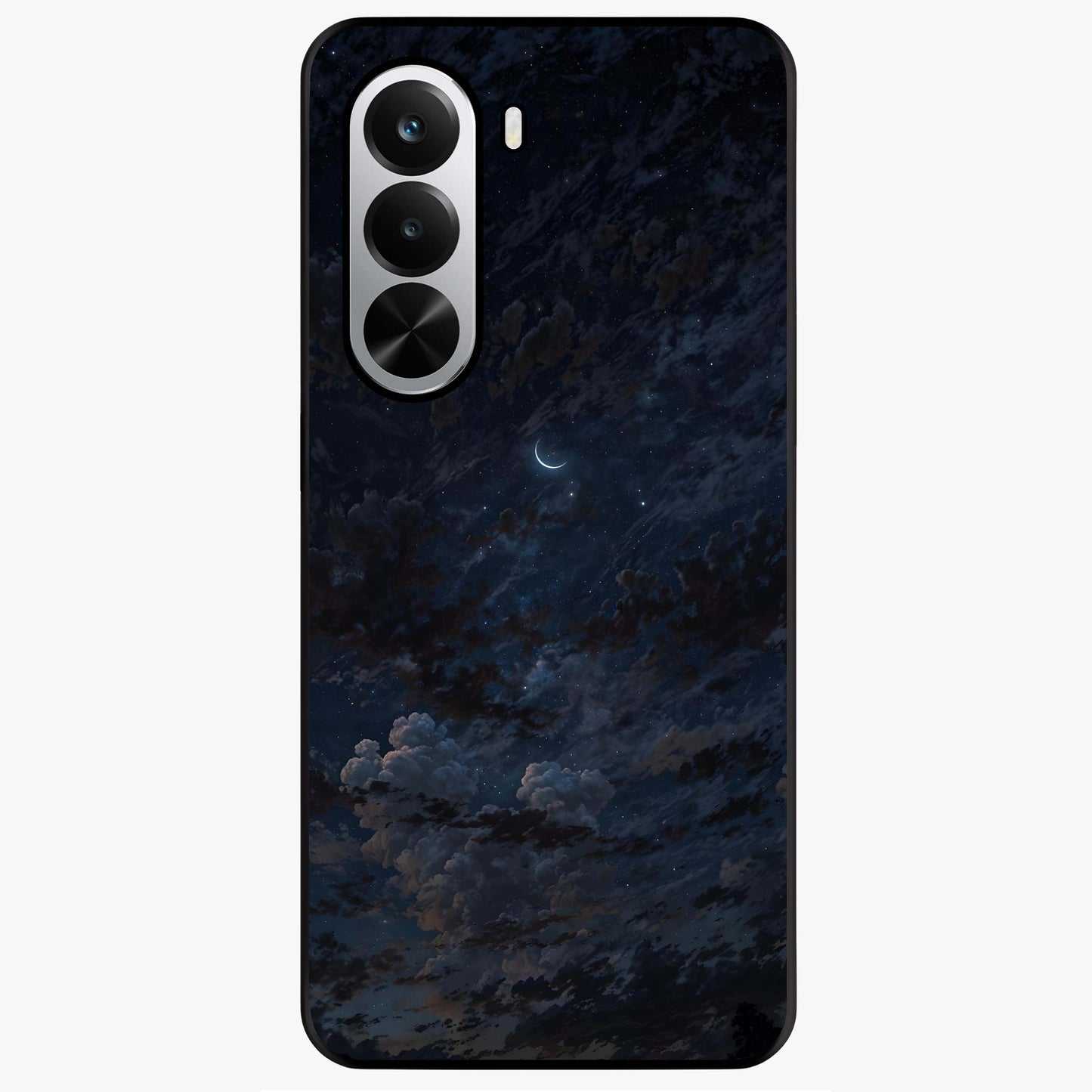 Lunar Veil Silence Glass Case showing flat back view with mystical moon veil artwork and glossy glass finish.