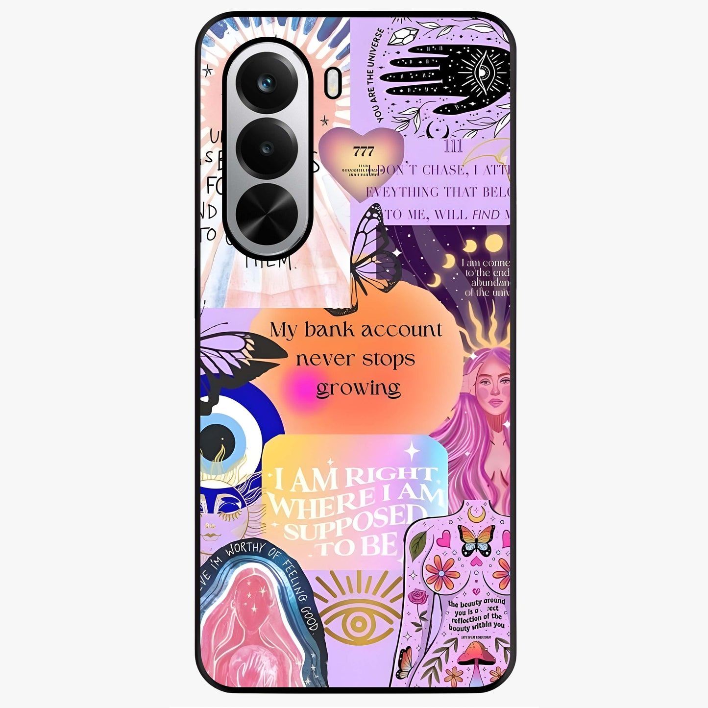 Manifestation Collage Glass Case showing flat back view with motivational collage artwork and glossy glass finish.