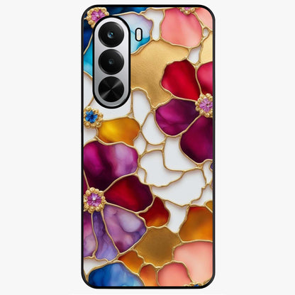 Marble Flower Pattern Glass Case showing flat back view with marble texture floral artwork and glossy glass finish.