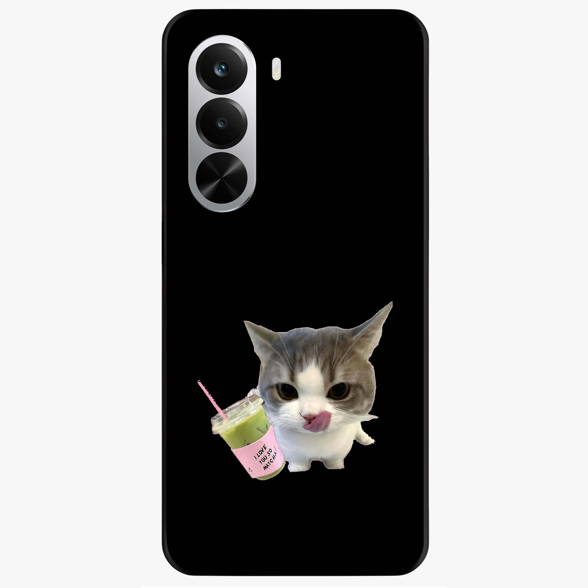 Matcha Cat Style Glass Case showing flat back view with cute matcha themed cat artwork and glossy glass finish.