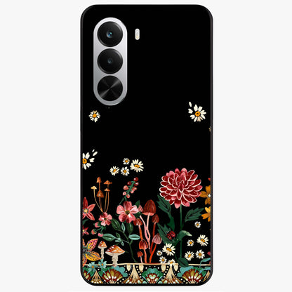 Midnight Bloom Pattern Glass Case showing flat back view with dark floral pattern artwork and glossy glass finish.