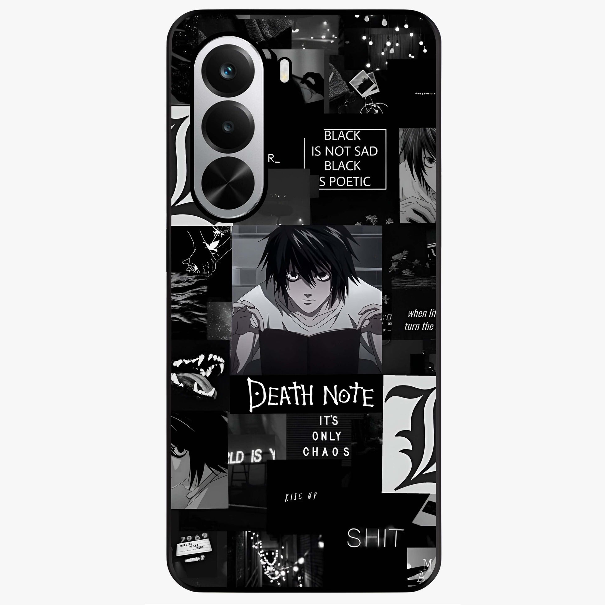 Midnight Chaos Mind Glass Case showing flat back view with abstract dark themed artwork and glossy glass finish.