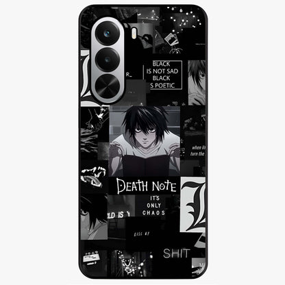 Midnight Chaos Mind Glass Case showing flat back view with abstract dark themed artwork and glossy glass finish.