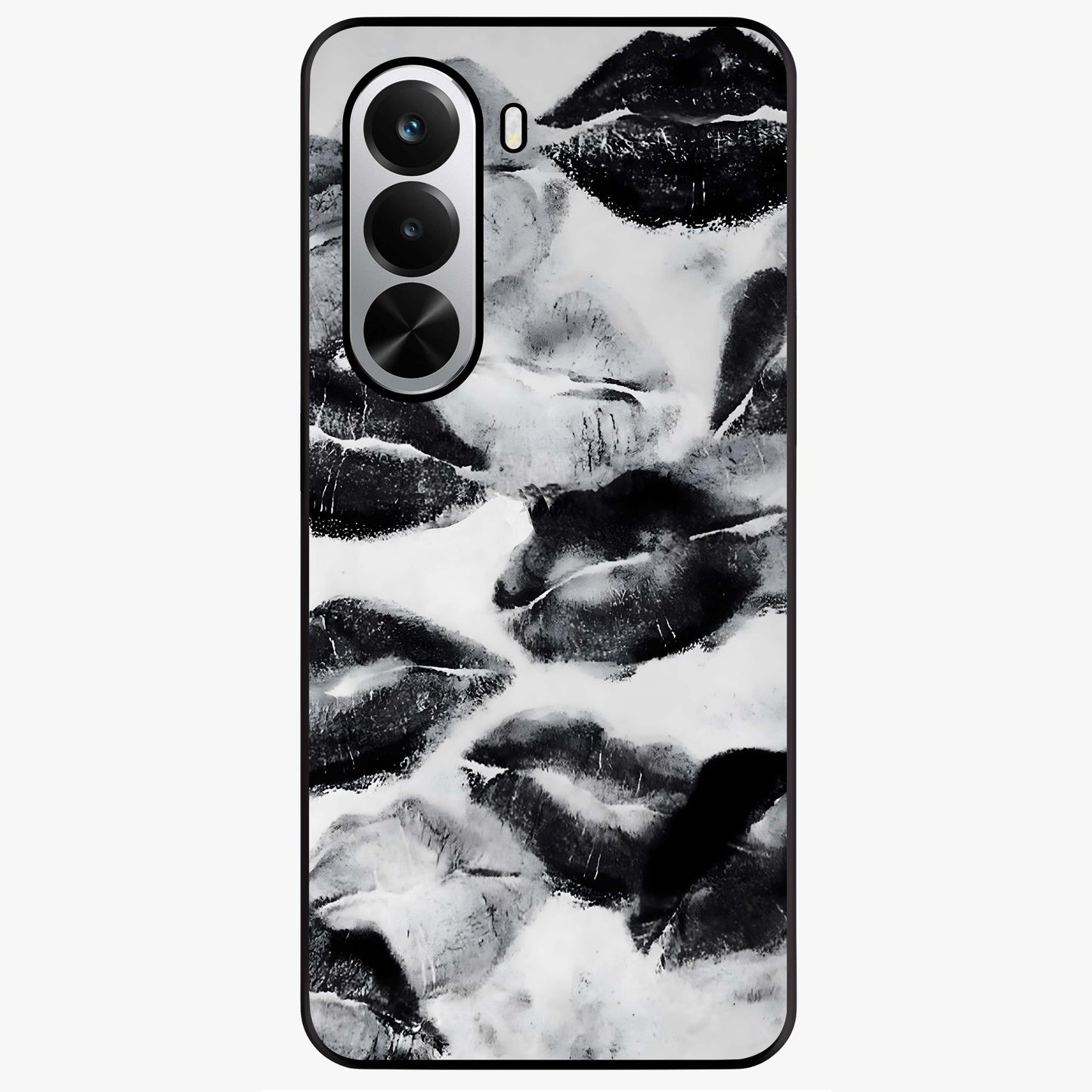 Midnight Kiss Marks Glass Case showing flat back view with lipstick kiss mark artwork and glossy glass finish.