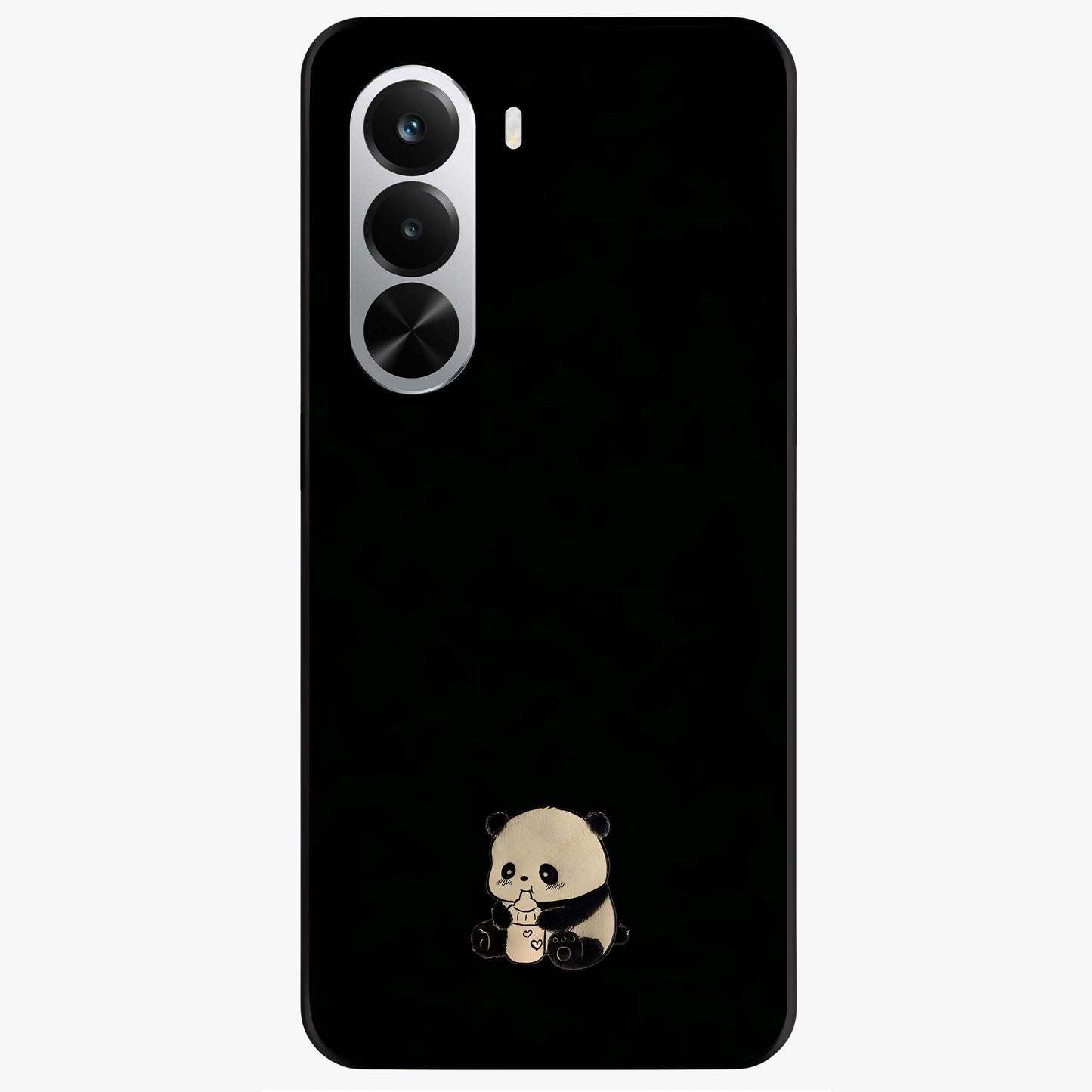 Midnight Panda Love Glass Case showing flat back view with cute panda themed artwork and glossy glass finish.