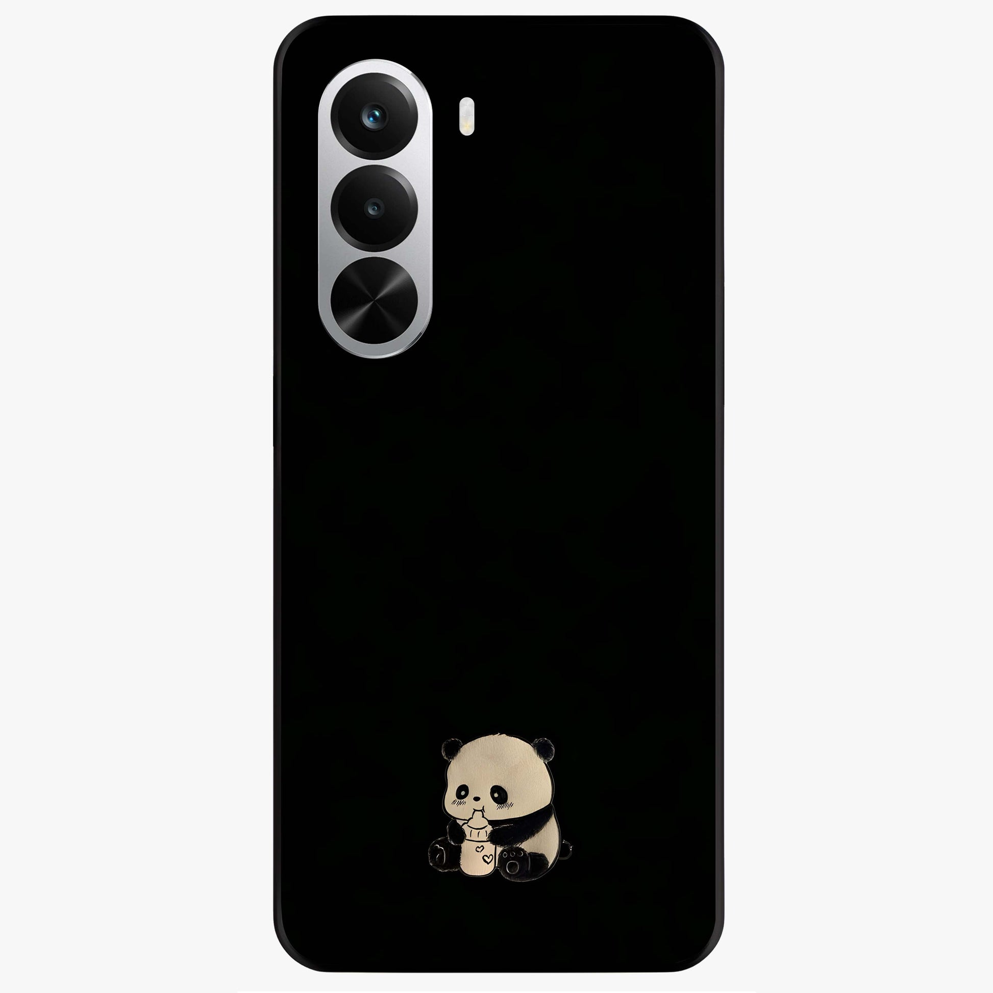 Midnight Panda Love Glass Case showing flat back view with cute panda themed artwork and glossy glass finish.