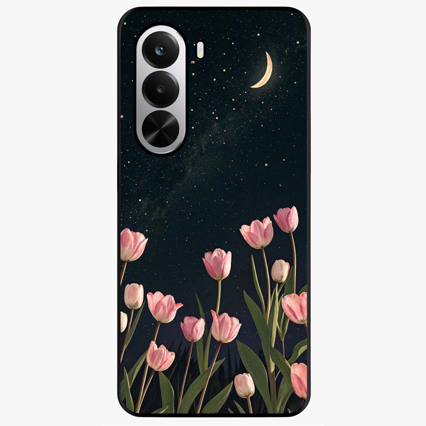 Midnight Tulip Whispers Vibe Glass Case showing flat back view with elegant tulip flower artwork and glossy glass finish.