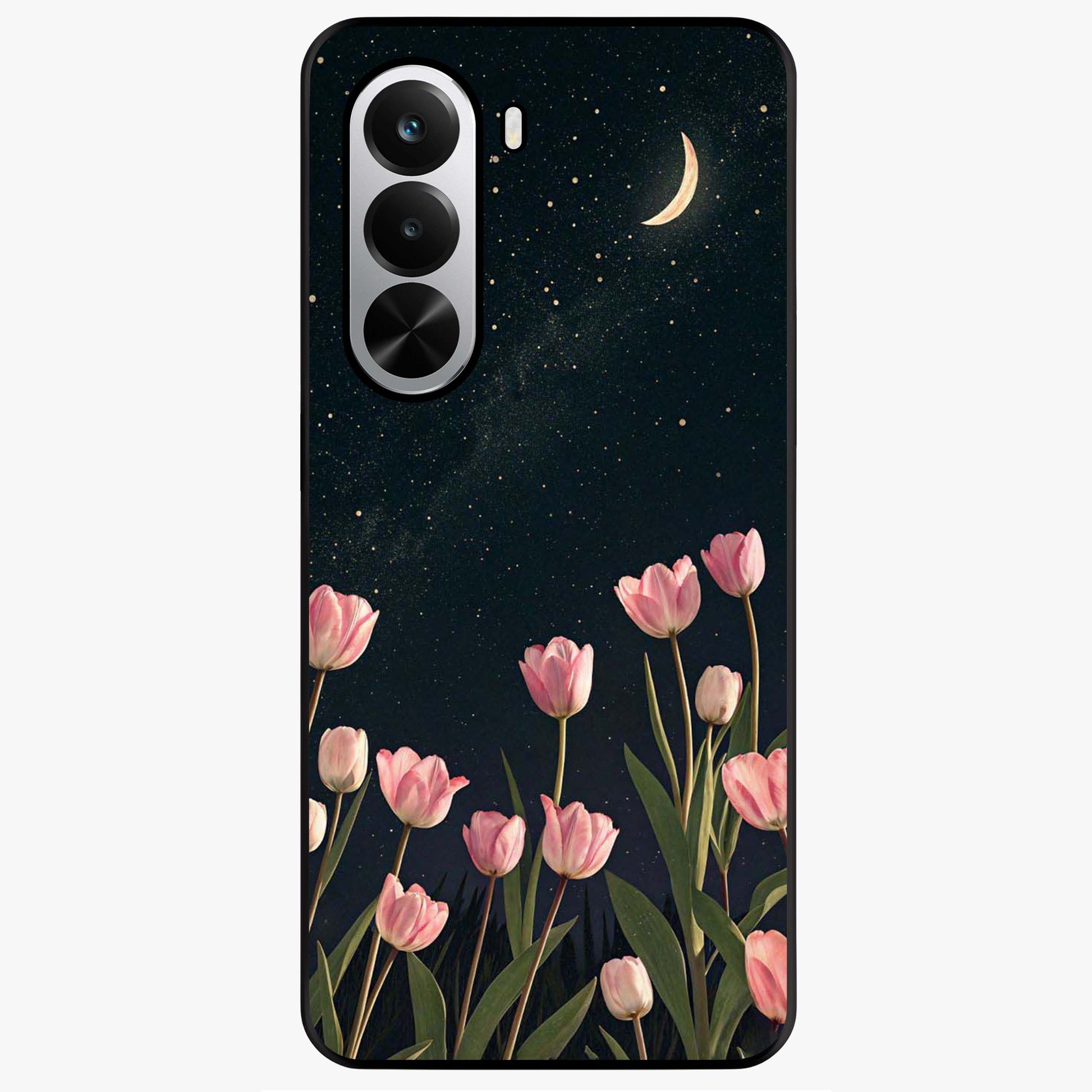 Midnight Tulip Whispers Vibe Glass Case showing flat back view with elegant tulip flower artwork and glossy glass finish.