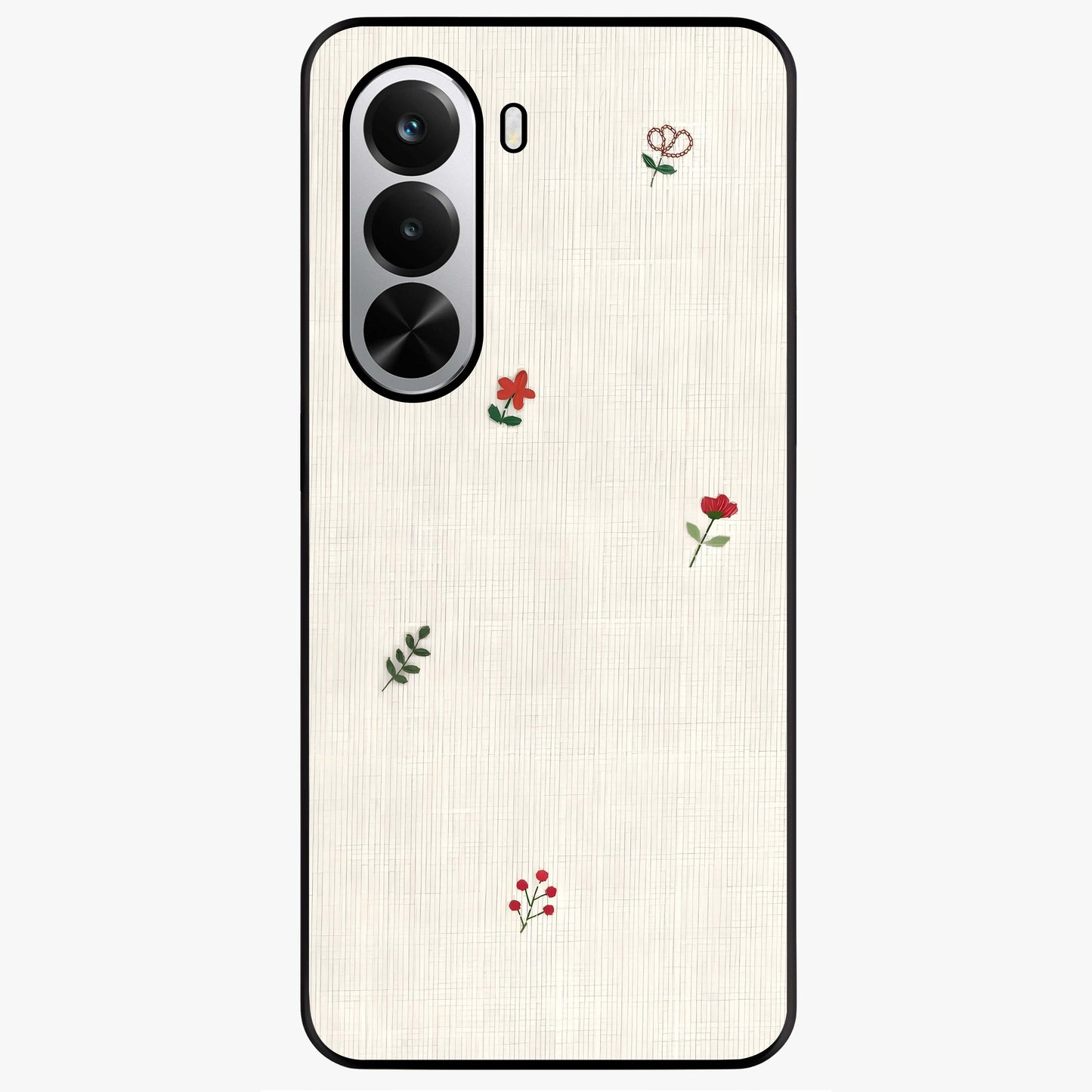 Minimal Petal Whispers Glass Case showing flat back view with soft minimal floral artwork and glossy glass finish.