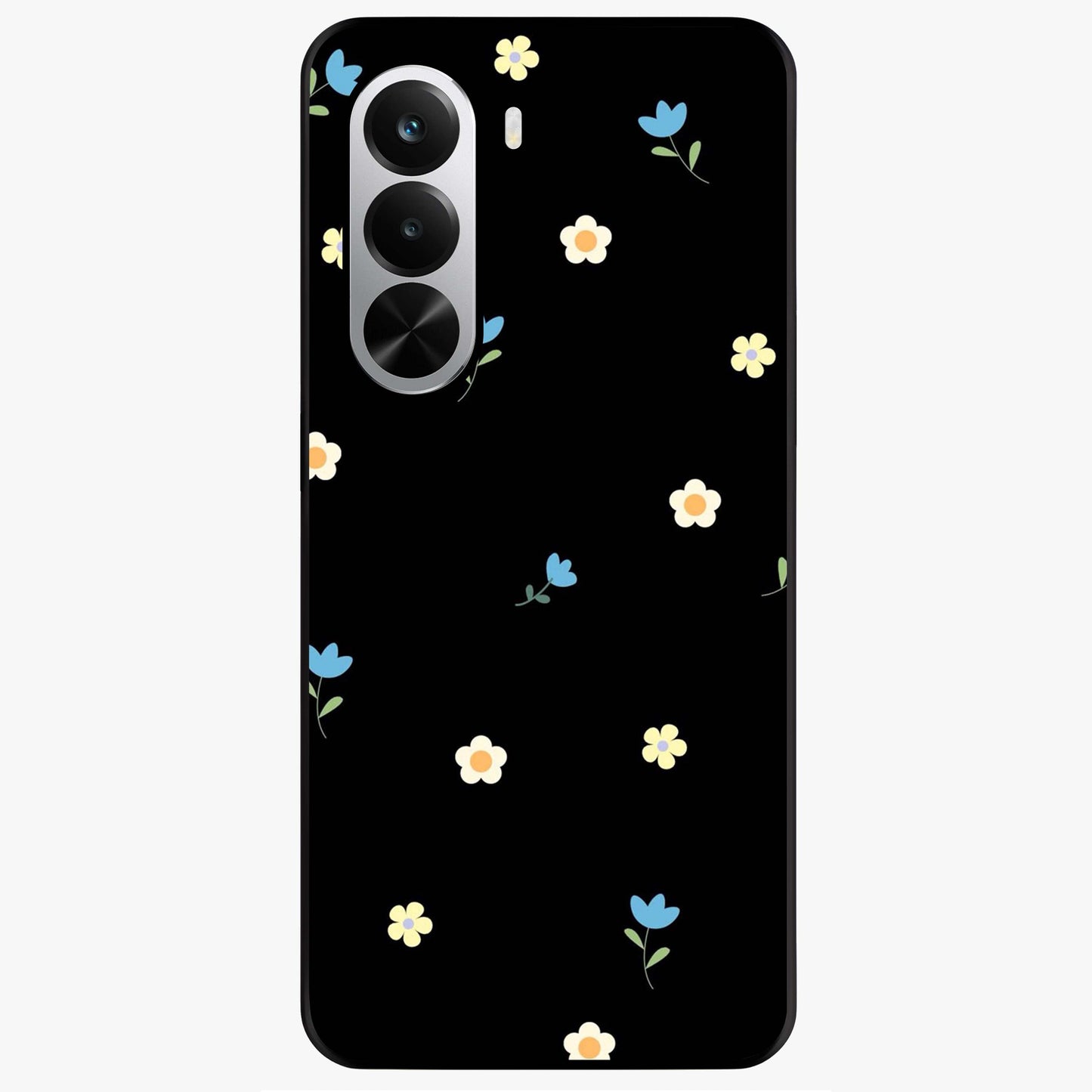Minimalistic Blue With White Flower Pattern Glass Case showing flat back view with blue background and white flower pattern and glossy glass finish.