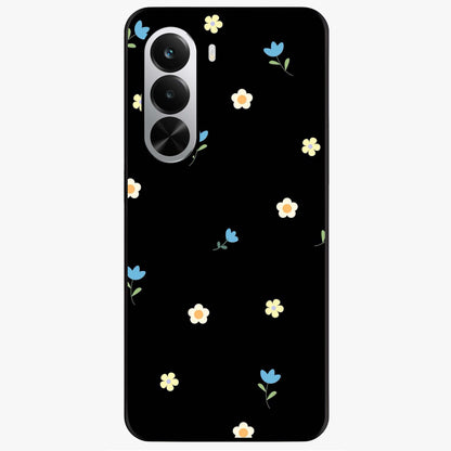 Minimalistic Blue With White Flower Pattern Glass Case showing flat back view with blue background and white flower pattern and glossy glass finish.
