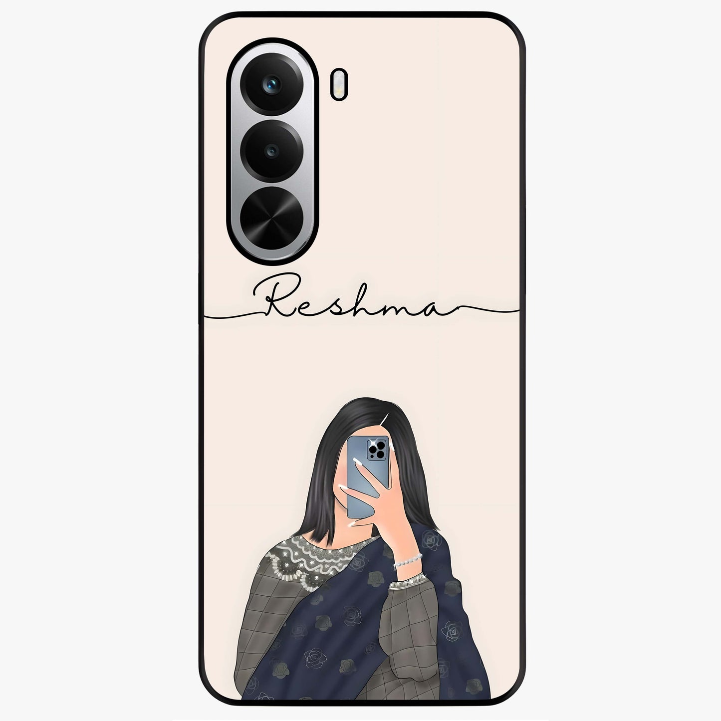 Mirror Mood Muse With Custom Name Glass Case showing flat back view with stylish mirrored artwork and personalized name design.