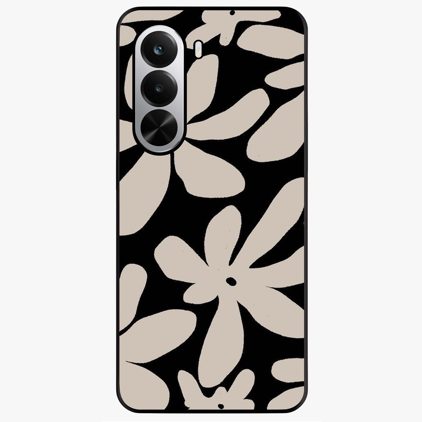Monochrome Petal Dance Glass Case showing flat back view with monochrome floral artwork and glossy glass finish.