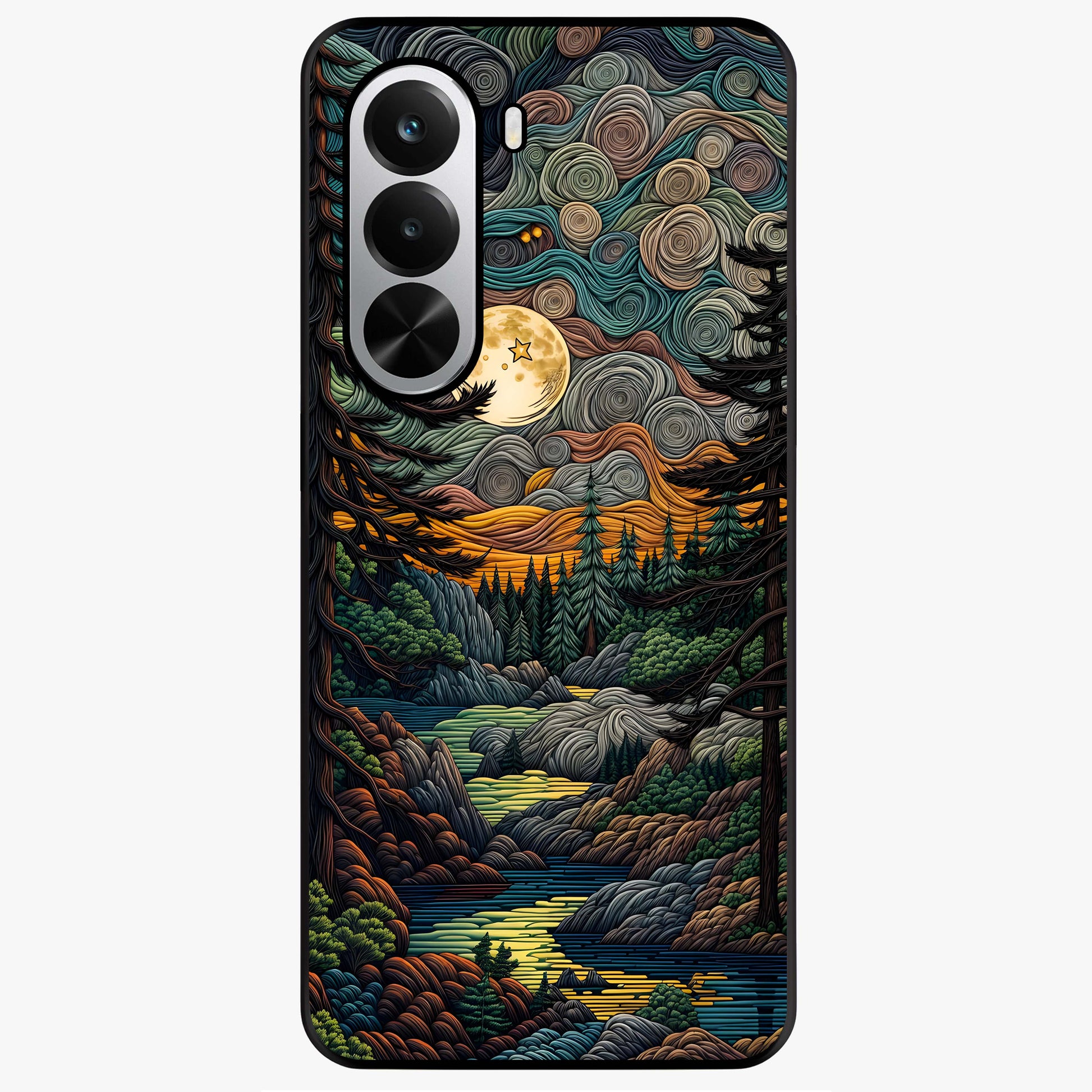 Moonlight Forest Dream Glass Case showing flat back view with mystical forest moonlight artwork and glossy glass finish.