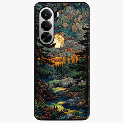 Moonlight Forest Dream Glass Case showing flat back view with mystical forest moonlight artwork and glossy glass finish.