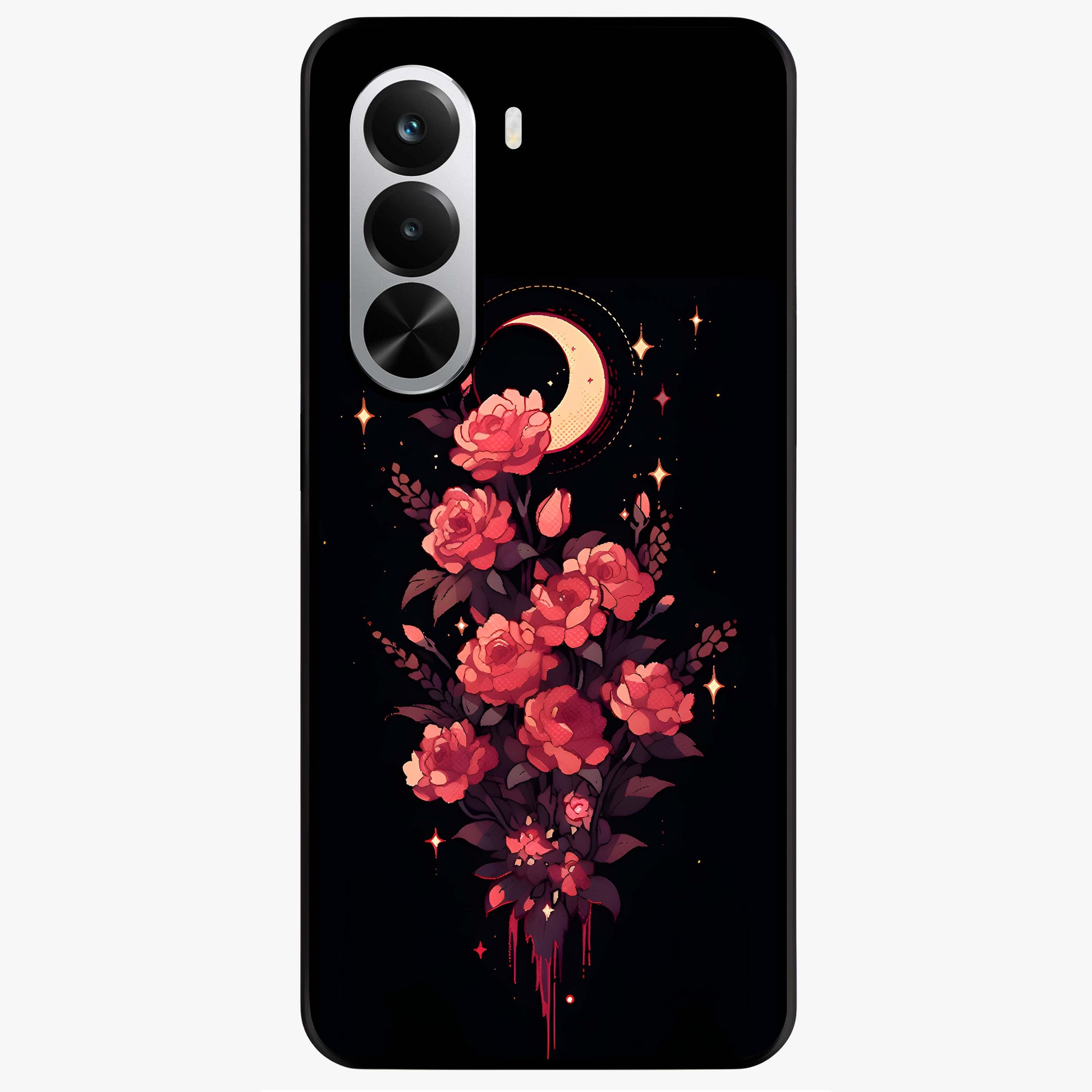 Moonlit Floral Elegance Glass Case showing flat back view with elegant floral artwork under moonlit tones and glossy glass finish.