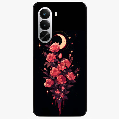 Moonlit Floral Elegance Glass Case showing flat back view with elegant floral artwork under moonlit tones and glossy glass finish.