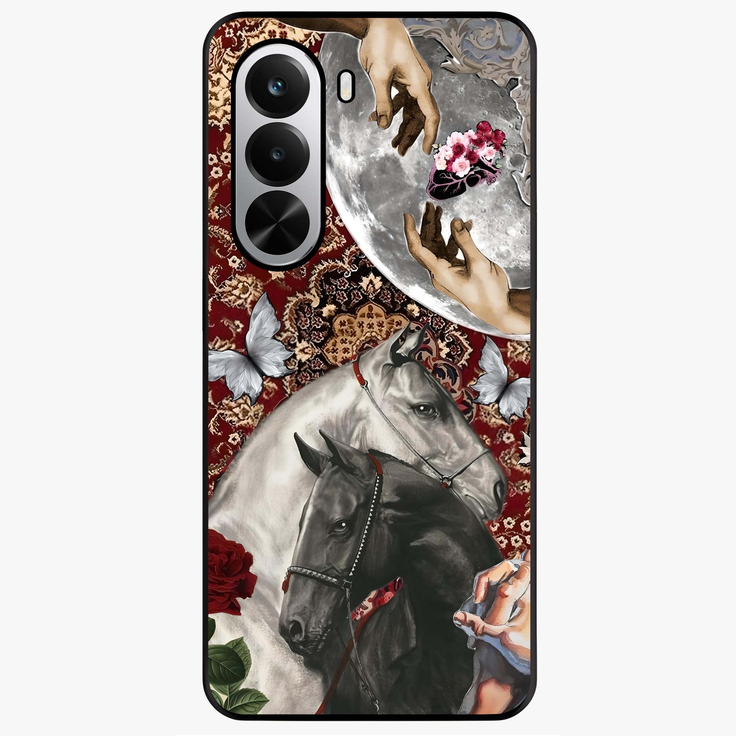 Moonlit Royal Stallion Glass Case showing flat back view with majestic horse under moonlight artwork and glossy glass finish.