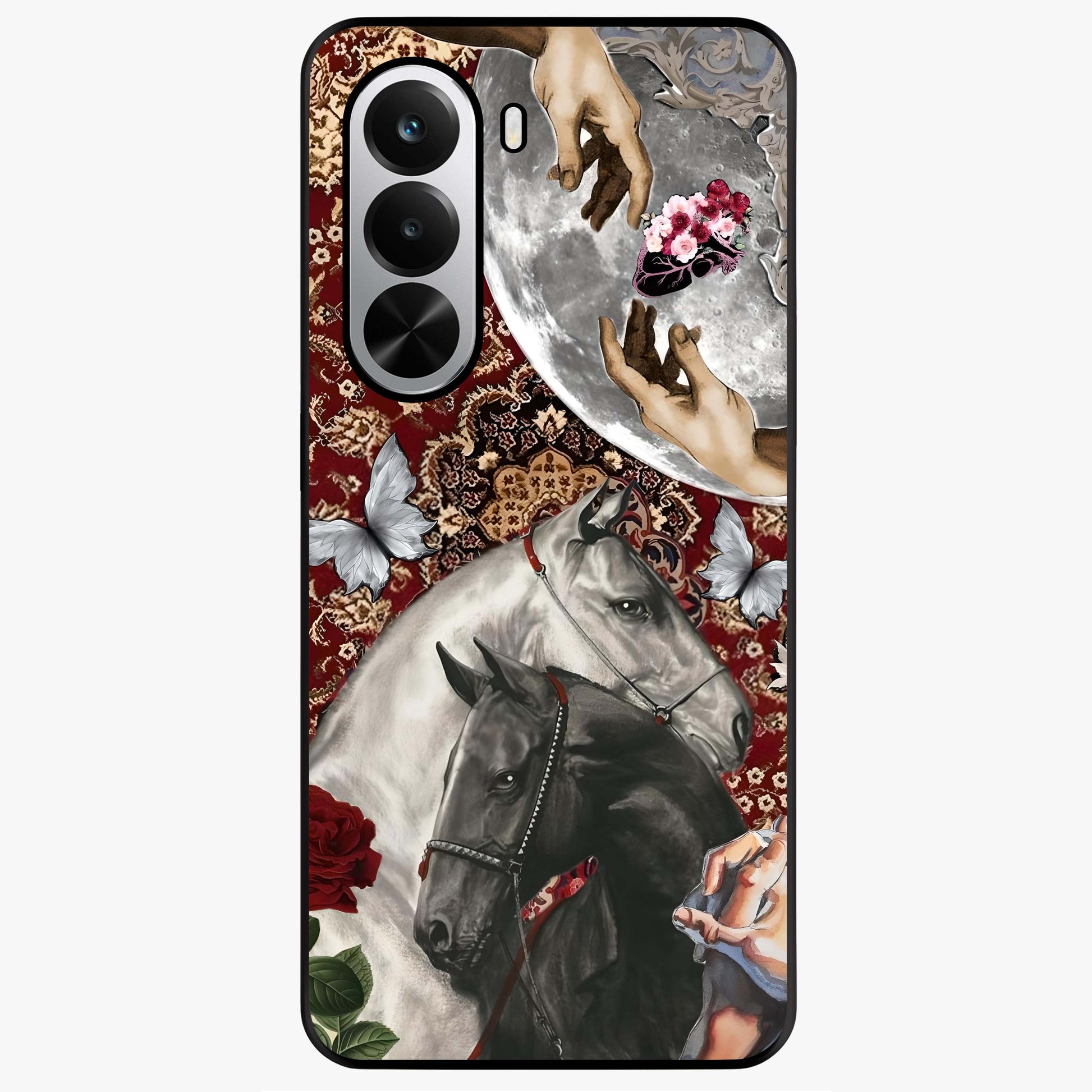 Moonlit Royal Stallion Glass Case showing flat back view with majestic horse under moonlight artwork and glossy glass finish.