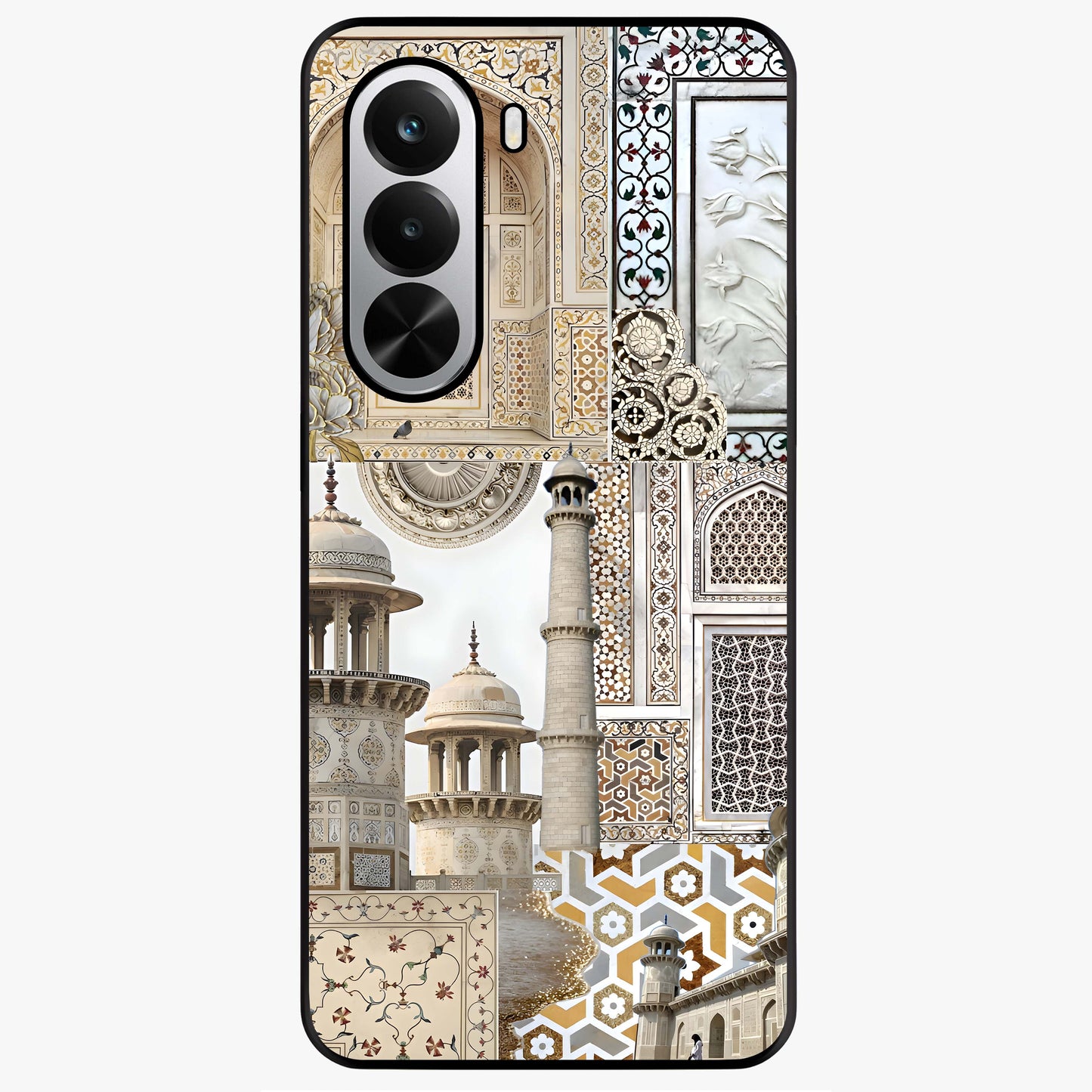 Mughal Marble Legacy Glass Case showing flat back view with intricate Mughal inspired marble pattern and glossy glass finish.