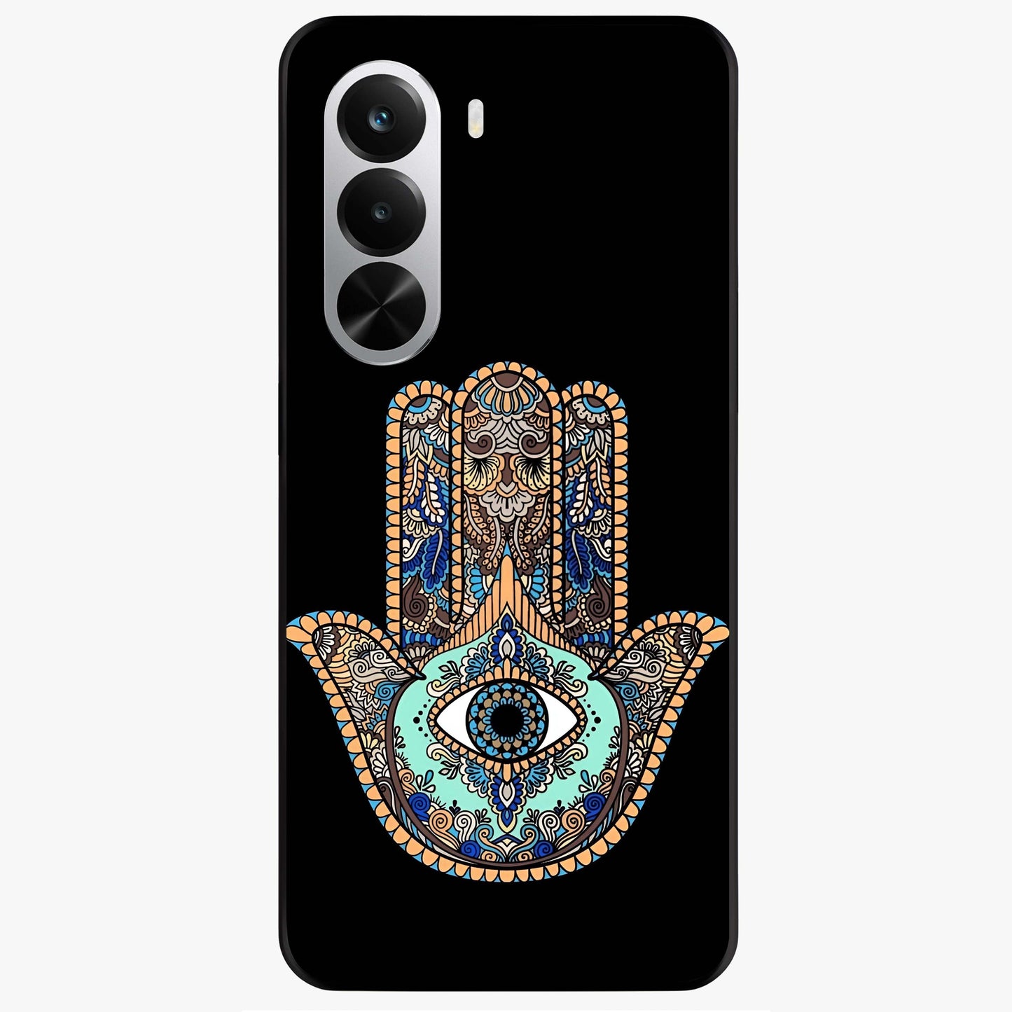 Mystic Hamsa Eye Glass Case showing flat back view with protective hamsa hand and evil eye artwork and glossy glass finish.