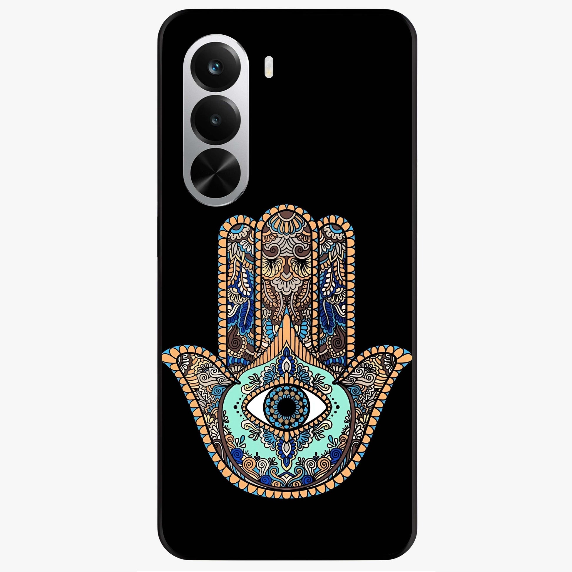 Mystic Hamsa Eye Glass Case showing flat back view with protective hamsa hand and evil eye artwork and glossy glass finish.