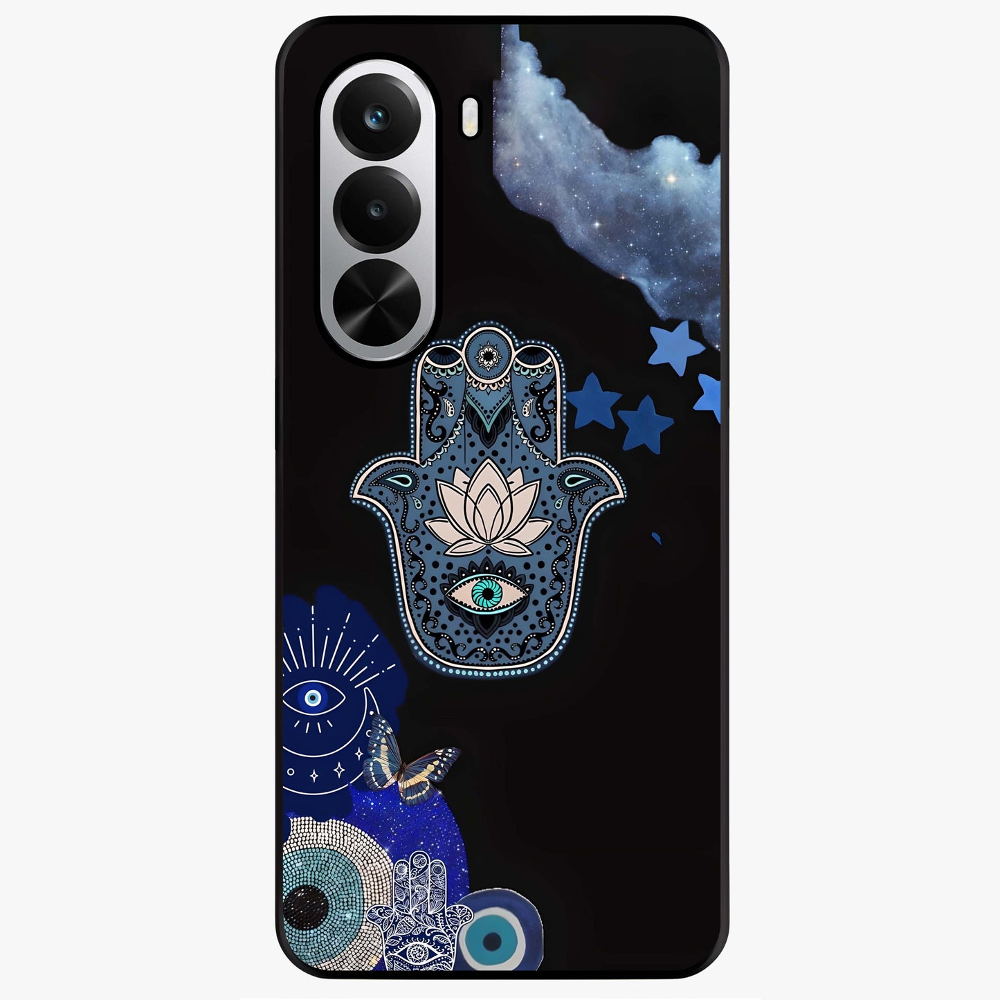 Mystic Hand Aura Glass Case showing flat back view with mystical hand symbol artwork and glossy glass finish.