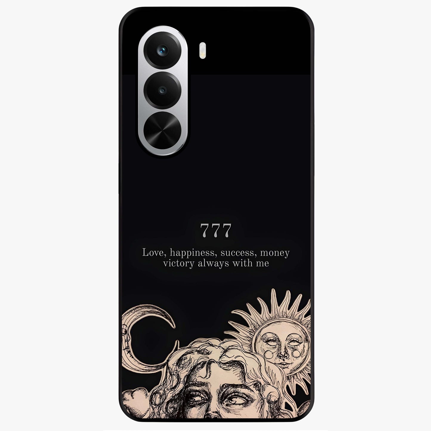Mystic Victory Aura Glass Case showing flat back view with victory symbol artwork and glossy glass finish.