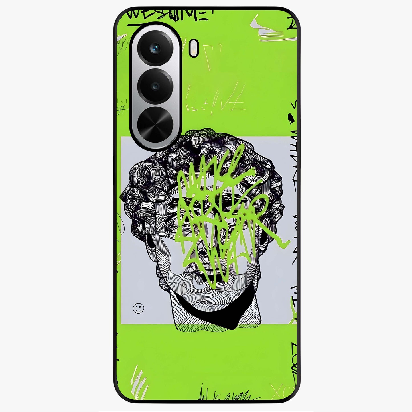 Neo Graffiti Rebellion Glass Case showing flat back view with vibrant graffiti artwork and glossy glass finish.