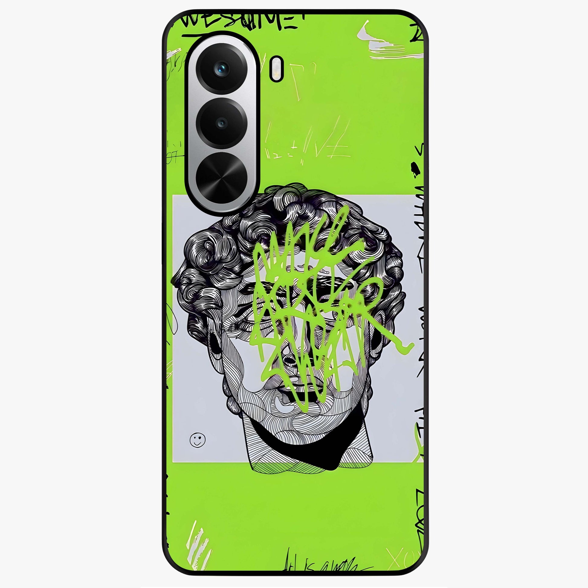Neo Graffiti Rebellion Glass Case showing flat back view with vibrant graffiti artwork and glossy glass finish.