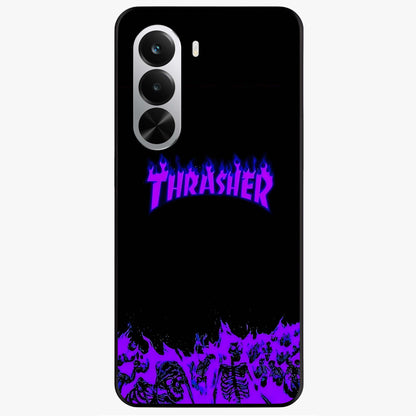 Neon Flame Riot Glass Case showing flat back view with neon flame artwork and glossy glass finish.