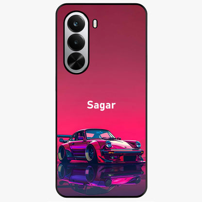Neon Pink Porsche Glass Case showing flat back view with stylish sports car artwork and glossy glass finish.