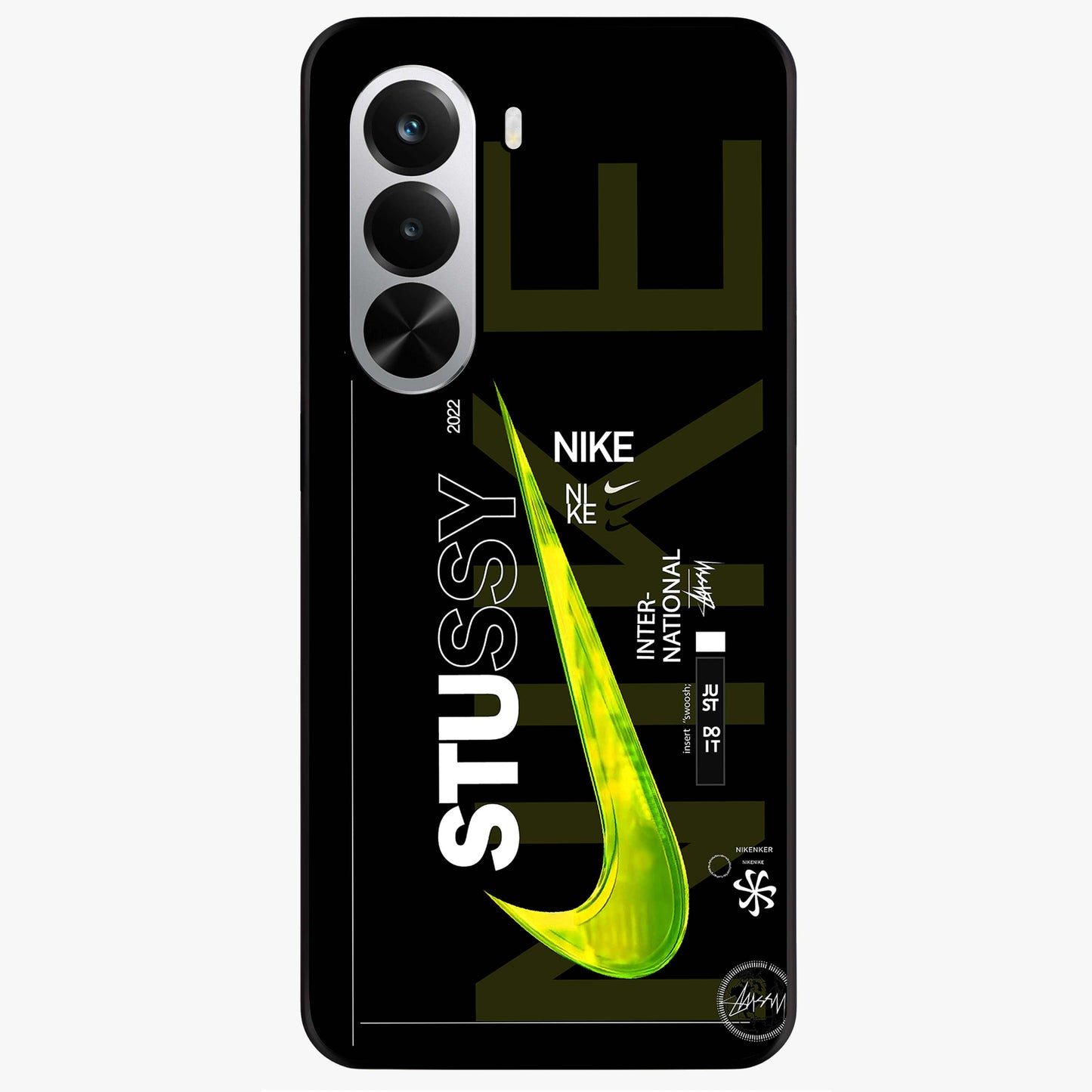 Neon Street Edition Glass Case showing flat back view with neon street style artwork and glossy glass finish.