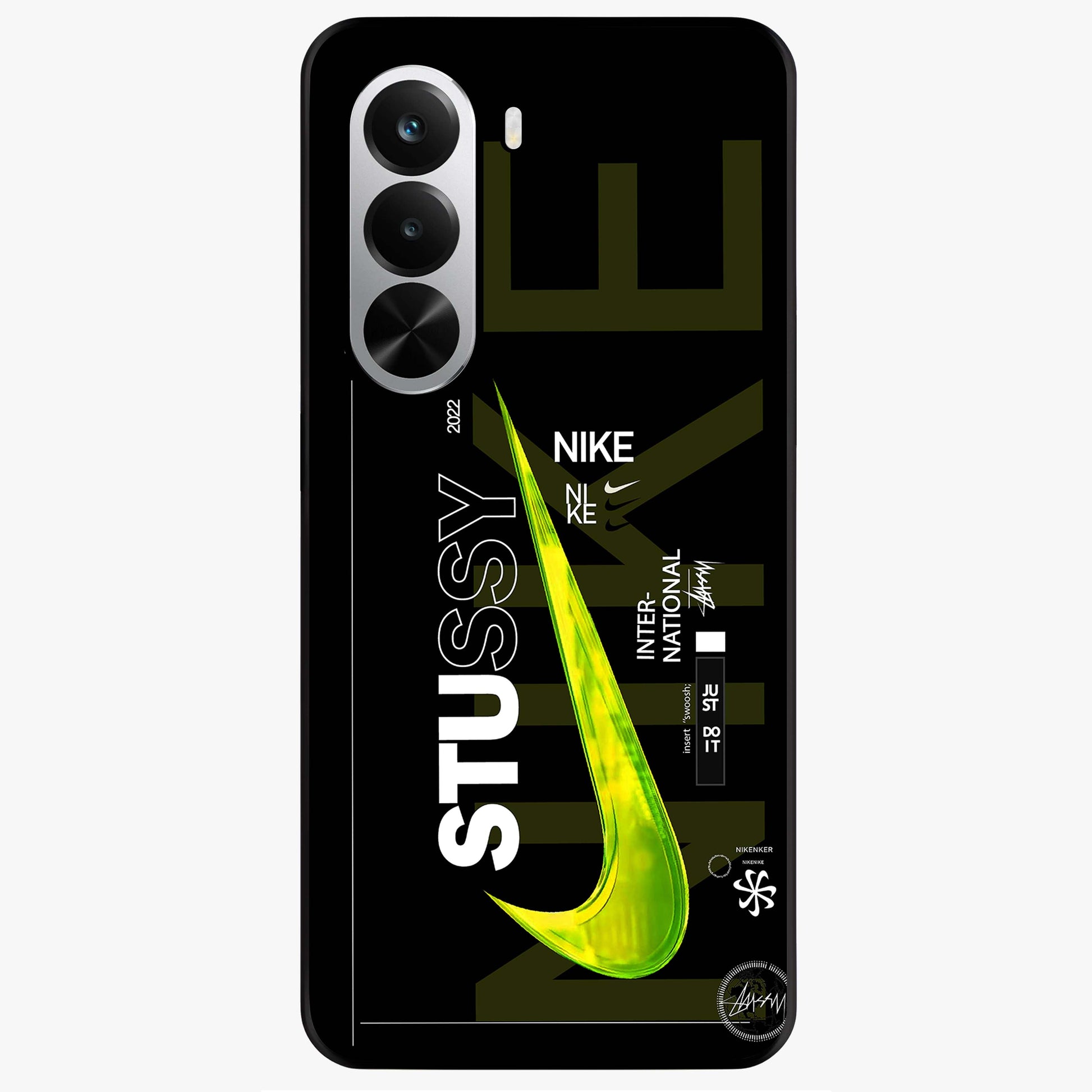 Neon Street Edition Glass Case showing flat back view with neon street style artwork and glossy glass finish.
