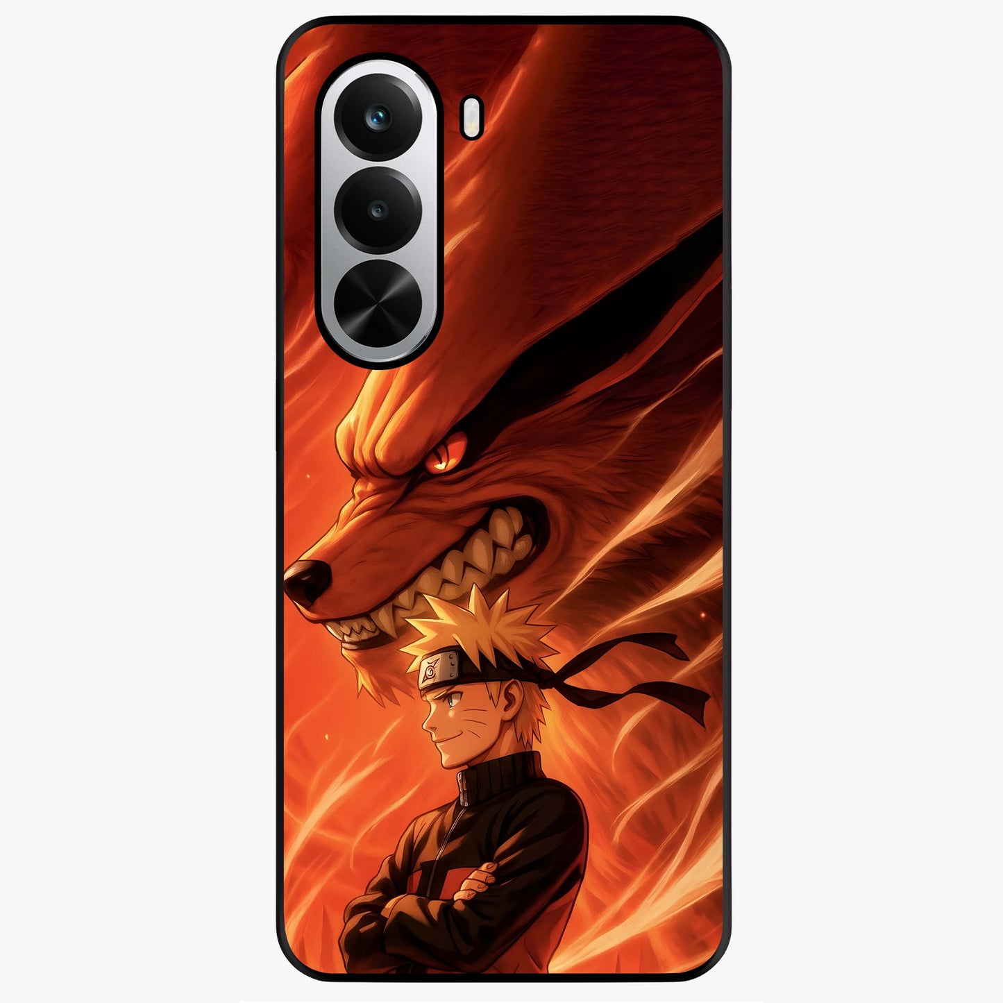 Nine Tails Legacy Glass Case showing flat back view with powerful nine-tailed fox inspired artwork and glossy glass finish.