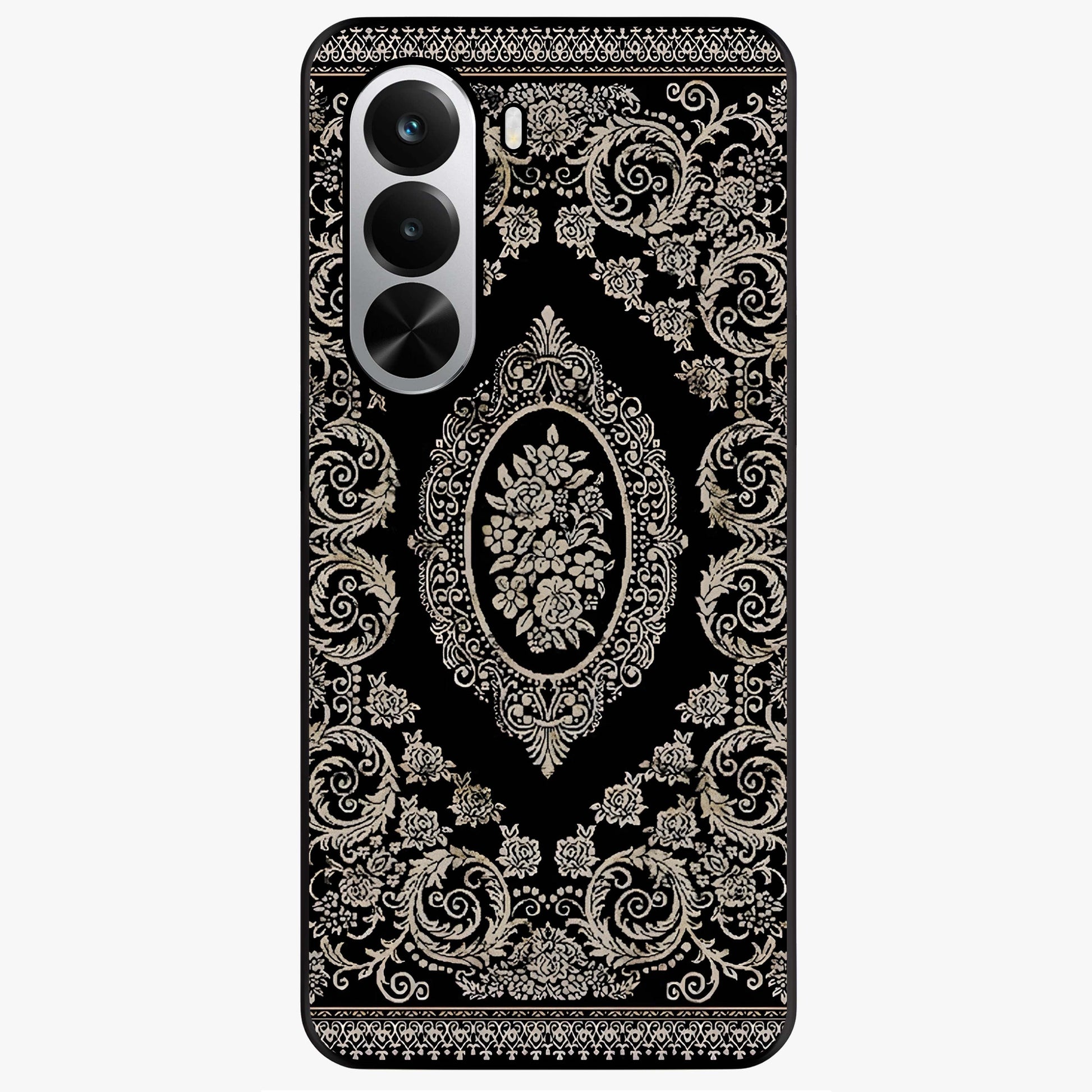 Noir Bloom Elegance Glass Case showing flat back view with elegant dark floral artwork and glossy glass finish.
