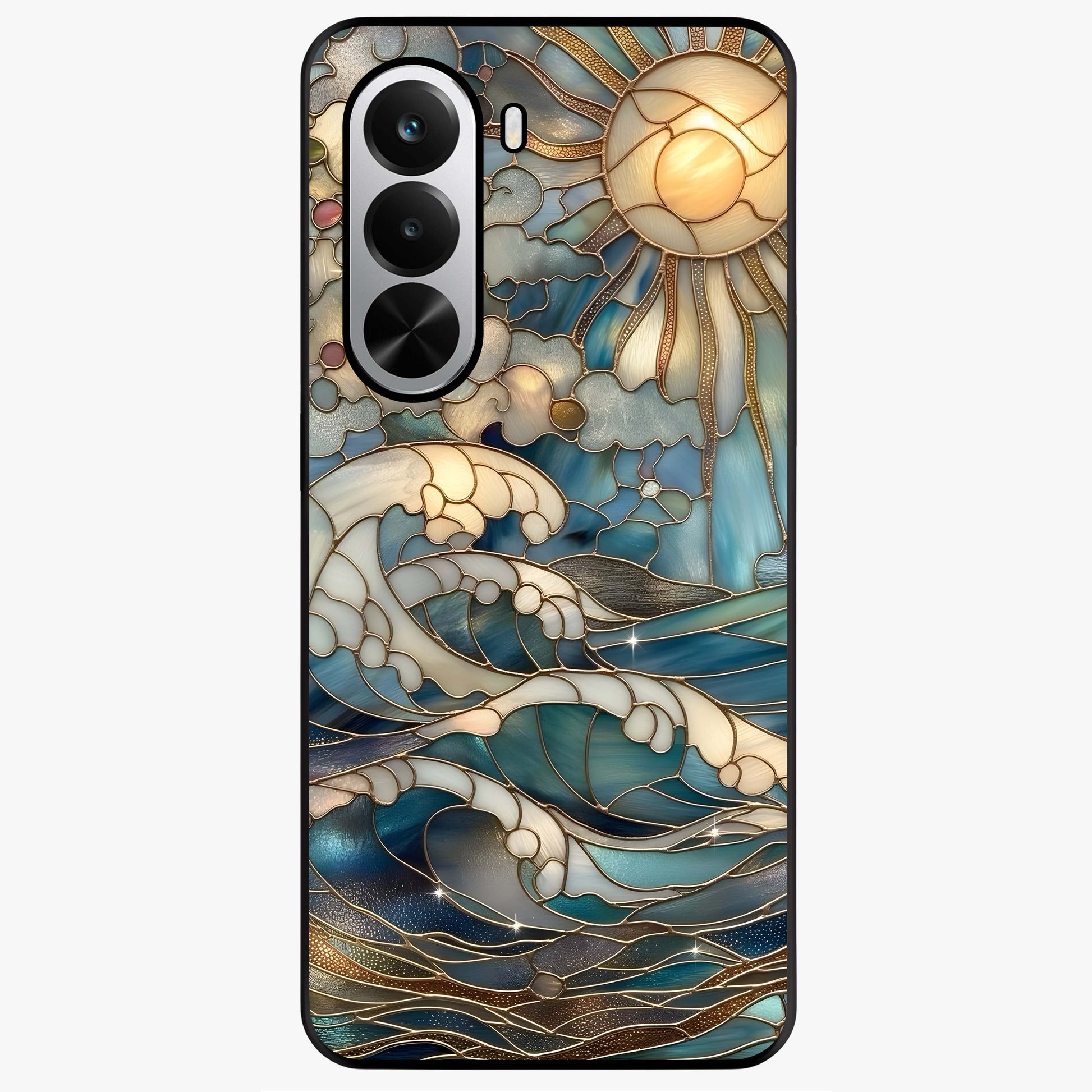 Oceanic Stained Printed Glass Case showing flat back view with ocean inspired stained pattern artwork and glossy glass finish.